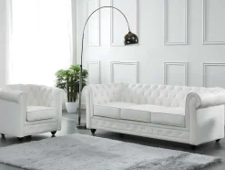 Sofá De 3 Lugares E Poltrona Em Pele De Bufalo - Branco - Chesterfield