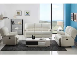 Sofá De 3+2+1 Lugares Relax Eletrico Em Pele Marfim - Marcis