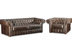 Sofá E Cadeirão Em Couro Envelhecido Estilo Chesterfield 100% - Clotaire