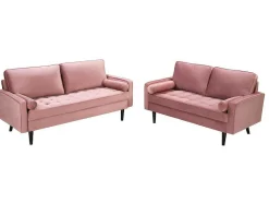 Sofá 3+2 Lugares Em Veludo Rosa Velho - Fleuet