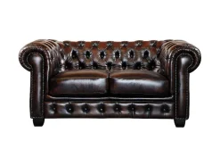 Sofá 2 Lugares 100% Pele De Bufalo Castanho Com Reflexos Castanhos Estilo Chesterfield - Brenton