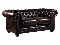 Sofá 2 Lugares 100% Pele De Bufalo Castanho Com Reflexos Castanhos Estilo Chesterfield - Brenton