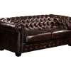Sofá 3 Lugares 100% Pele De Bufalo Castanho Com Reflexos Castanhos Estilo Chesterfield - Brenton
