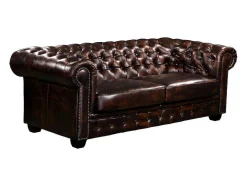 Sofá 3 Lugares 100% Pele De Bufalo Castanho Com Reflexos Castanhos Estilo Chesterfield - Brenton