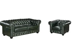Sofá 3+1 Lugares 100% Pele De Bufalo Verde Imperial Estilo Chesterfield - Brenton