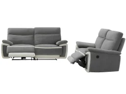 Sofás De 3+2 Lugares Articulados Eletricos Em Veludo - Cinza E Faixas Branco Cru - Metti
