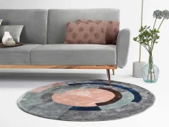 Tapete Em Viscose Tufado Redondo E Motivos Geometricos De 4000 G/M E D. 120 Cm Cor Cinza E Péssego - Janjivy