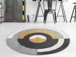 Tapete Redondo Estilo Design Motivos Geometricos De D. 160 Cm Cor Cinza E Ocre - Alborg