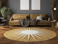 Tapete Redondo Sol Com Relevos D200 Cm, Amarelo Mostarda E Branco - Luminio