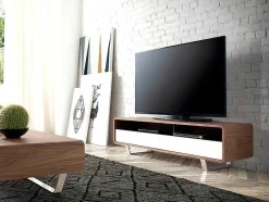 Unidade De Tv Em Madeira Folheada A Nogueira Com Duas Gavetas Com Frentes Mdf Lacado Branco 3046