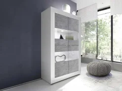 Vitrina Com Leds E 4 Portas Disponivel Em Branco Lacado E Cimento - Comete