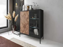 Vitrina 2 Portas Com Leds Preto E Natural Escuro - Mialine